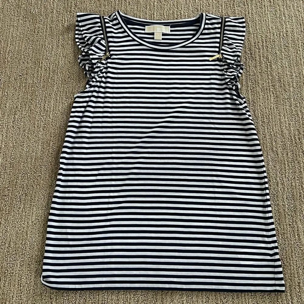 Michael Kors Blue and White Striped Blouse with Golden Zippers
